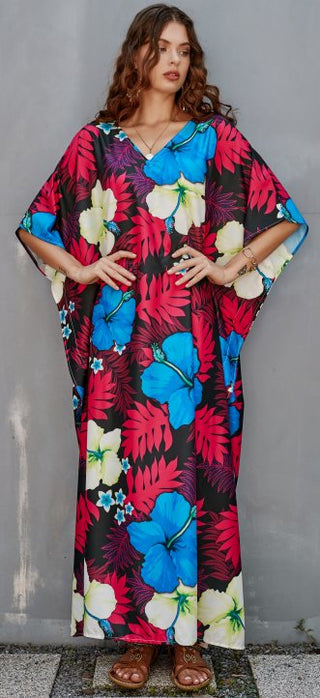 Flower-Painted V-Neck Pullover Long Kaftan