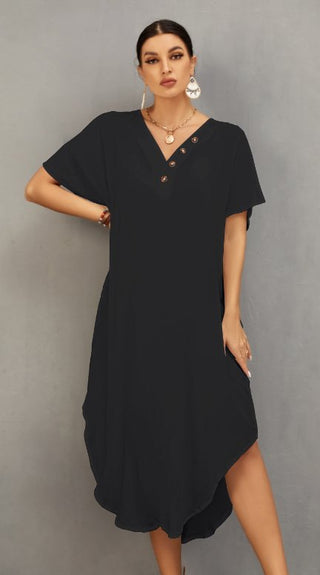 Black Half Sleeve V-Neck Long Beach Dress