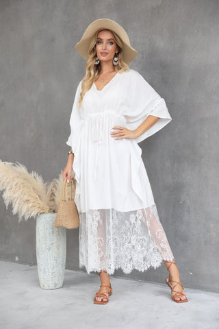 Women's White Lace Patchwork Cover Up Dress Silver Twill Elegant Dinner Dress Large Casual Vacation Dress