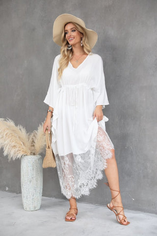 Women's White Lace Patchwork Cover Up Dress Silver Twill Elegant Dinner Dress Large Casual Vacation Dress