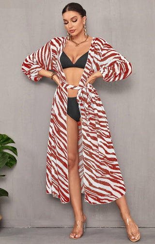 Chiffon Red Zebra Print Long Kimono