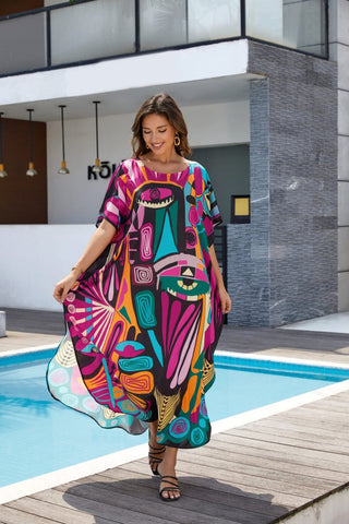 Multicolor Three-Eye Print Long Kaftan