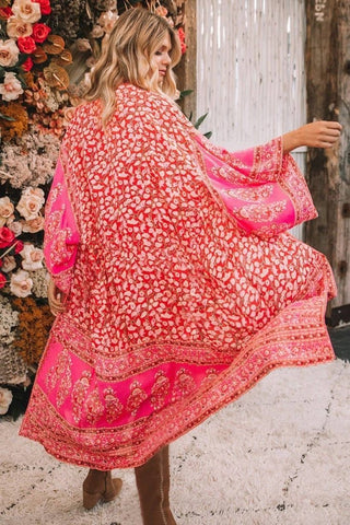 3/4 Sleeve Red Chiffon Floral Kimono Cardigan - Bsubseach