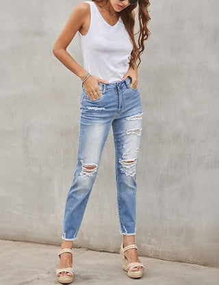 Bsubsaech Jeans for Women High Waist Destroyed Classic Fit Pants Woman Button Skinny Womens Denim Jeggings with Pockets