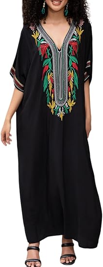 Bsubseach Embroidered Beach Long Shirt Women's Short Sleeve Bikini Swimsuit Cover Up, Colourful Embroidery 2