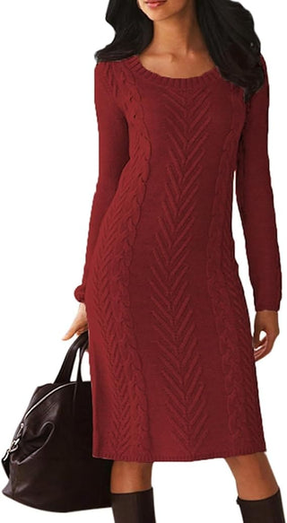 Bsubseach  Women Winter O Neck Slim Knitted Sweater Dresses Long Sleeve Bodycon Midi Dress