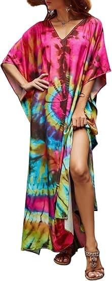 Bsubseach Kaftan Dresses for Women,V-neck Print Beach Caftan Swimsuit Cover Ups with Bow-Knot