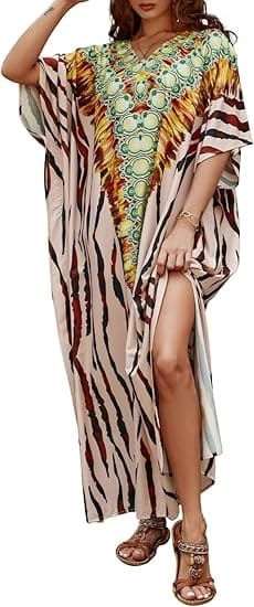 Bsubseach Kaftan Dresses for Women,V-neck Print Beach Caftan Swimsuit Cover Ups with Bow-Knot