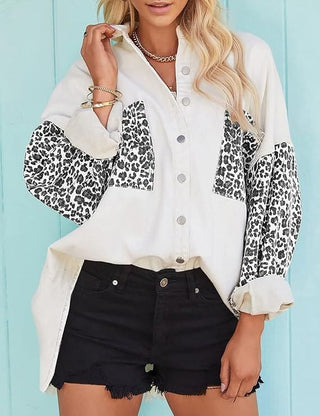 Bsubsaech Leopard Print Denim Jacket for Women Oversized Boyfriend Jean Shirts Long Sleeve Jeans Coat with Pocket