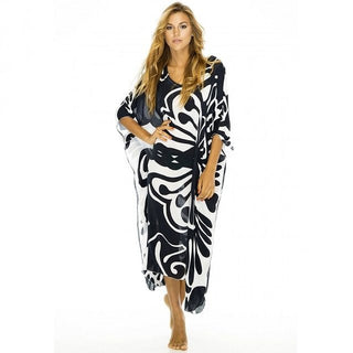 Black Butterfly Flower Rayon Long Kaftan