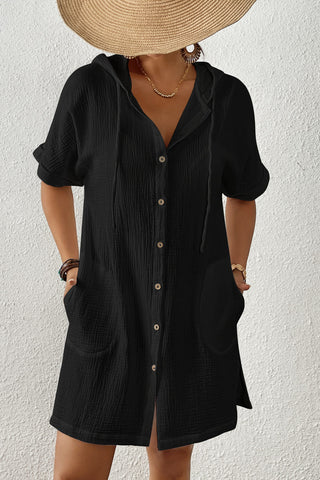 A woman wear a Black-Cotton-Hooded-Shirt-With-Pockets.