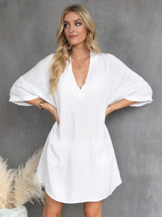 White Short Beach Dress V-neck Pullover