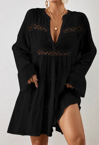 Solid color long sleeve V-neck Short Beach Dress