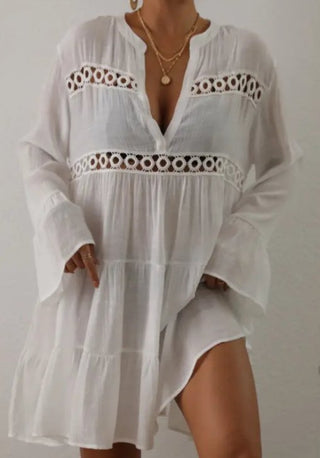 Solid color long sleeve V-neck Short Beach Dress