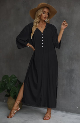 Black V-neck button long shirt