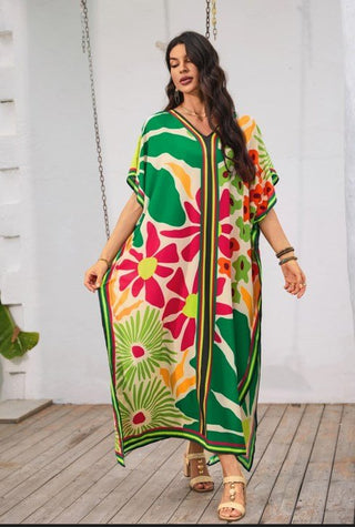 Print Caftan Swim Cover Up Women Colorful Vacation Dress