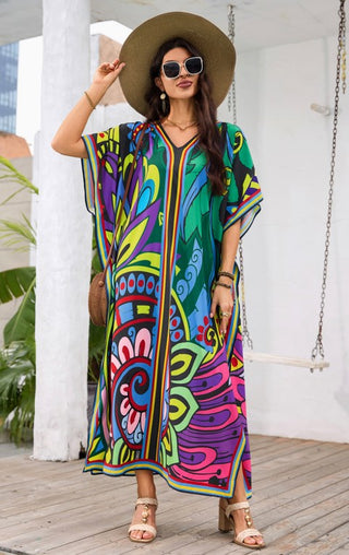 Print Caftan Swim Cover Up Women Colorful Vacation Dress