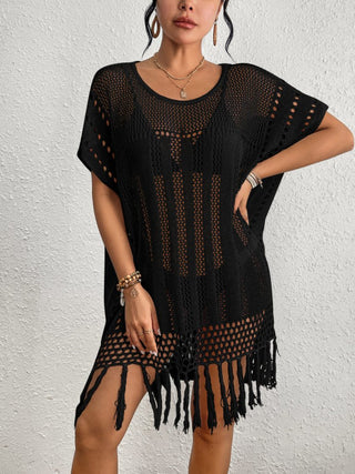 Solid color 1/4 sleeve short knitted crochet cover up