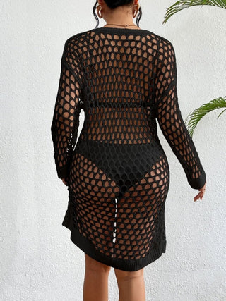 Solid color long sleeve fishnet crochet cover up