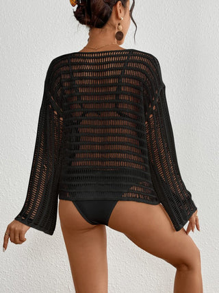 Solid color long sleeve short hollow crochet cover up