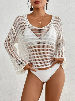 Solid color long sleeve short hollow crochet cover up