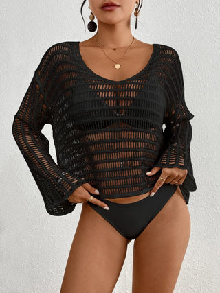 Solid color long sleeve short hollow crochet cover up