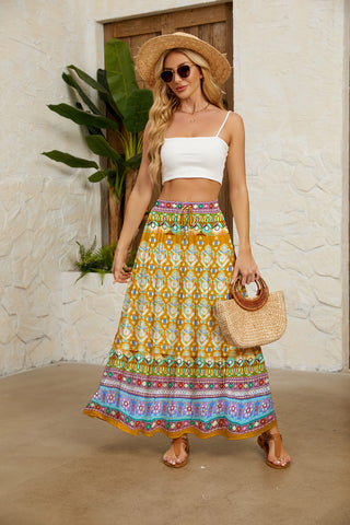 Boho Floral Maxi Skirt Elastic High Waist Flowy Ruffle