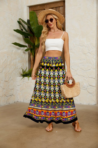 Boho Floral Maxi Skirt Elastic High Waist Flowy Ruffle