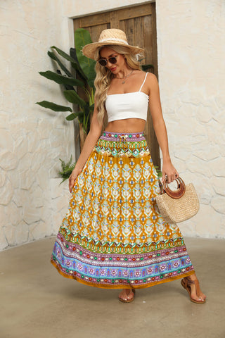 Boho Floral Maxi Skirt Elastic High Waist Flowy Ruffle