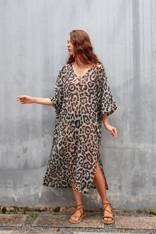 Spotted Drawstring V-Neck Long Kaftan