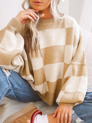 Bsubseach Women's Contrasting Round Neck Long Sleeved Pullover Sweater with Checkerboard Pattern Fashionable and Casual Outdoor Knitted Sweater