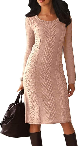 Bsubseach  Women Winter O Neck Slim Knitted Sweater Dresses Long Sleeve Bodycon Midi Dress