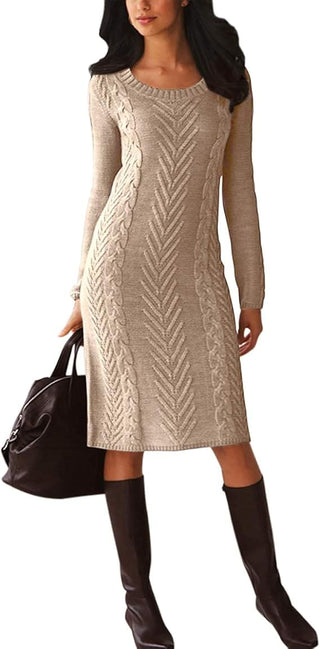 Bsubseach  Women Winter O Neck Slim Knitted Sweater Dresses Long Sleeve Bodycon Midi Dress