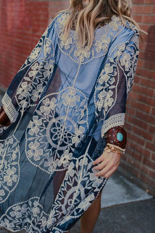 Beach Embroidery Lace Long Sleeve Kimono Cardigan - Bsubseach