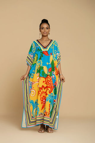 Multicolor Short Sleeve Long Kaftan Dress