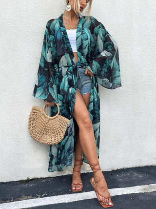 Leaf contrast chiffon digital print Long Kimono