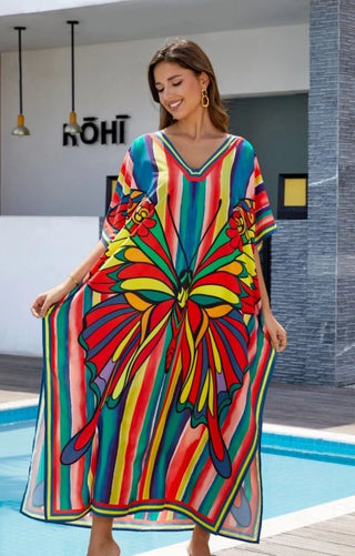 Colorful Striped Butterfly Print Long Kaftan