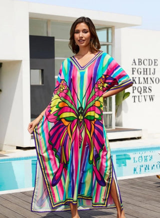 Colorful Striped Butterfly Print Long Kaftan