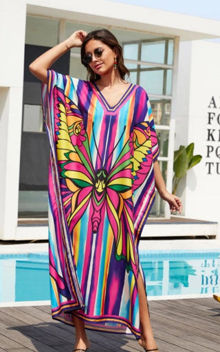 Colorful Striped Butterfly Print Long Kaftan