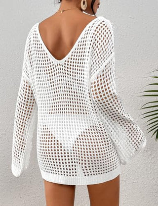 Beach Cover Up Sexy Hollow Out Crochet Cover Up Lantern Sleeve Knitted - Bsubseach