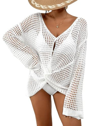 Beach Cover Up Sexy Hollow Out Crochet Cover Up Lantern Sleeve Knitted - Bsubseach