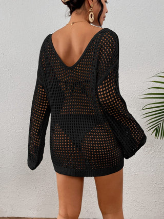 Beach Cover Up Sexy Hollow Out Crochet Cover Up Lantern Sleeve Knitted - Bsubseach