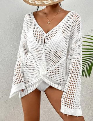 Beach Cover Up Sexy Hollow Out Crochet Cover Up Lantern Sleeve Knitted - Bsubseach