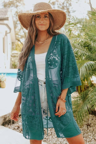 Beach Embroidery Lace Long Sleeve Kimono Cardigan - Bsubseach