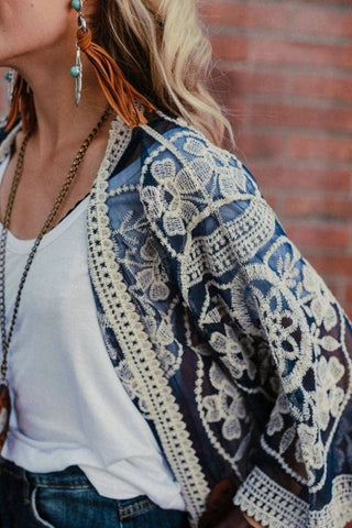 Beach Embroidery Lace Long Sleeve Kimono Cardigan - Bsubseach