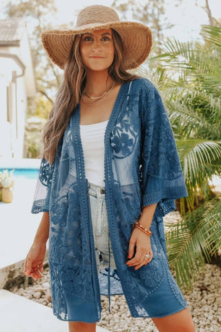 Beach Embroidery Lace Long Sleeve Kimono Cardigan - Bsubseach