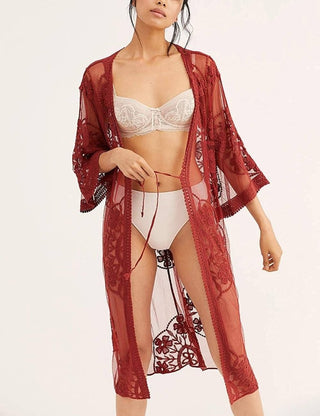 Beach Embroidery Lace Long Sleeve Kimono Cardigan - Bsubseach