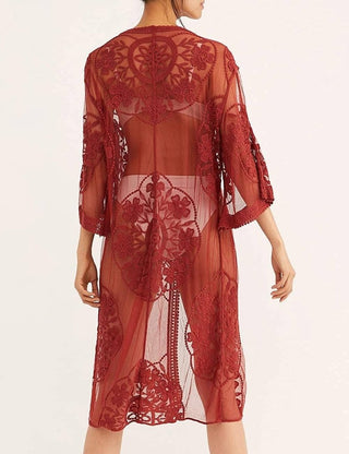 Beach Embroidery Lace Long Sleeve Kimono Cardigan - Bsubseach