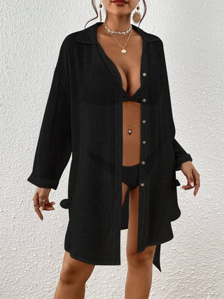 Belted Slit Side Button up knee length Swimsuit Cover - Up shirt - Bsubseach