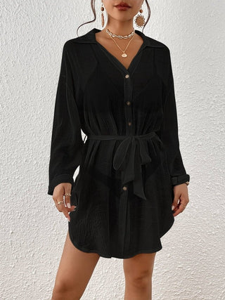 Belted Slit Side Button up knee length Swimsuit Cover - Up shirt - Bsubseach